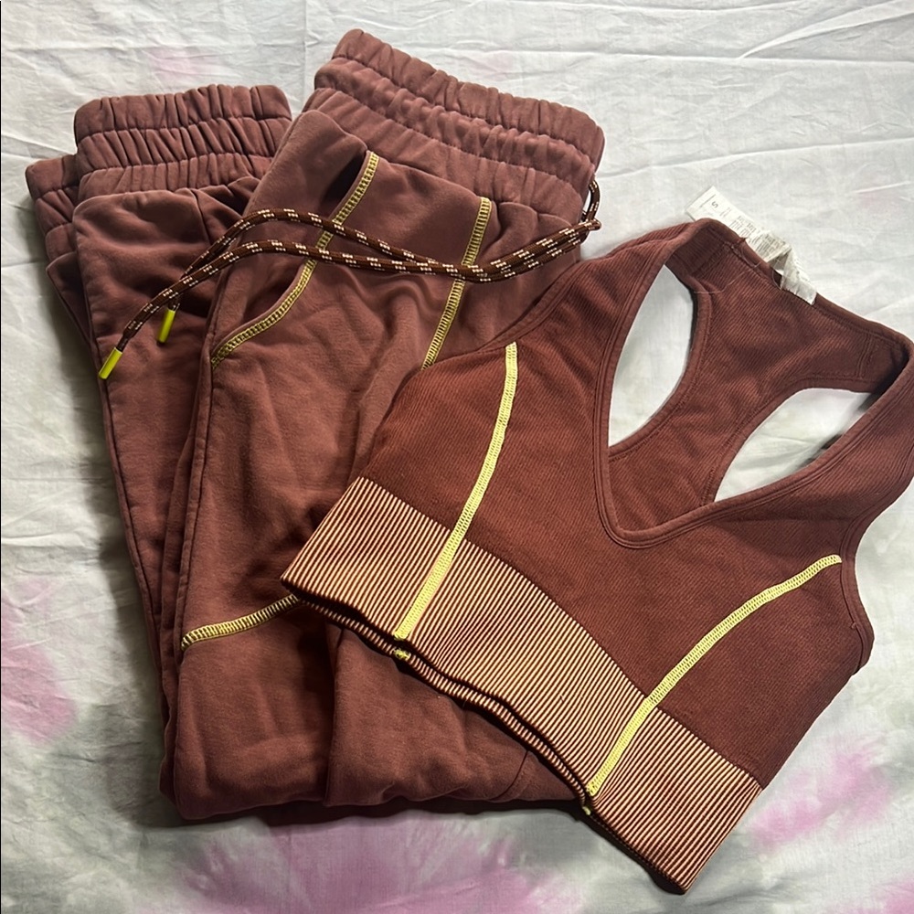 Fabletics Brown Joggers and Crop Top Set with Yellow Trim